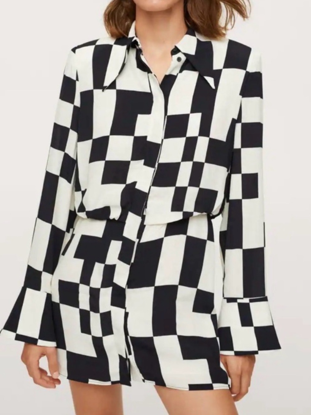 Mango Black and White Checker Print Shirt Dress